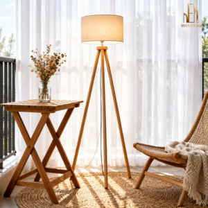 Đèn Cây Chân Gỗ Linen Tripod